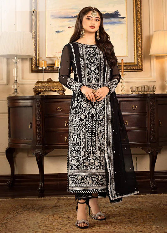Embroidered Chiffon 3 Piece Unstitched Suit -EM0026-Party Wear